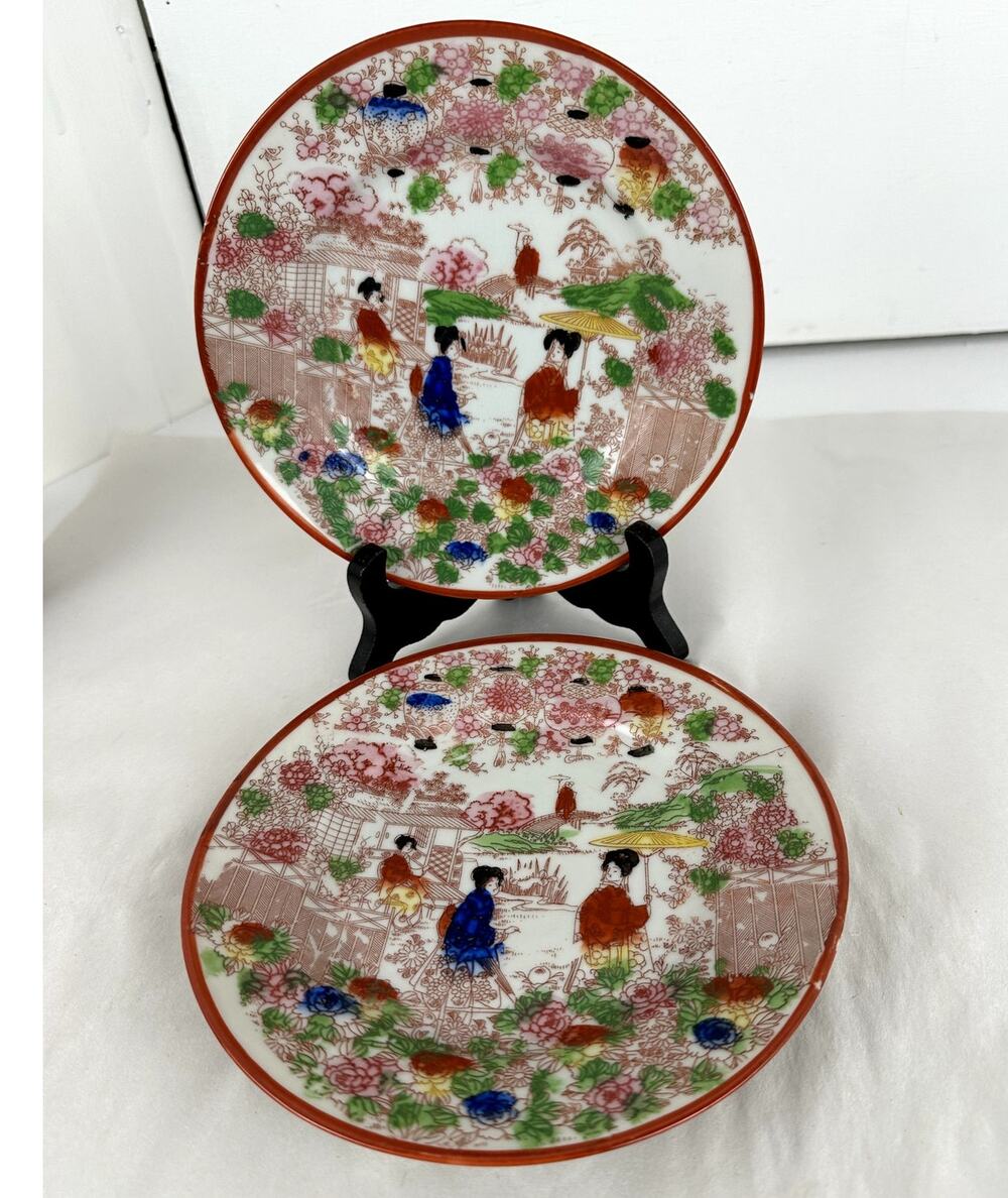 Japanese Antique China Two 7 In. Plates Geisha Floral Structures 1921-1941